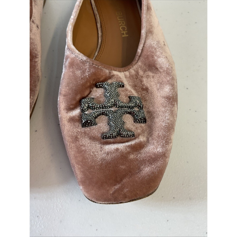 Tory Burch Eleanor crushed velvet Ballet Flat Pink crystal Logo Womens Size 11 - Picture 4 of 15